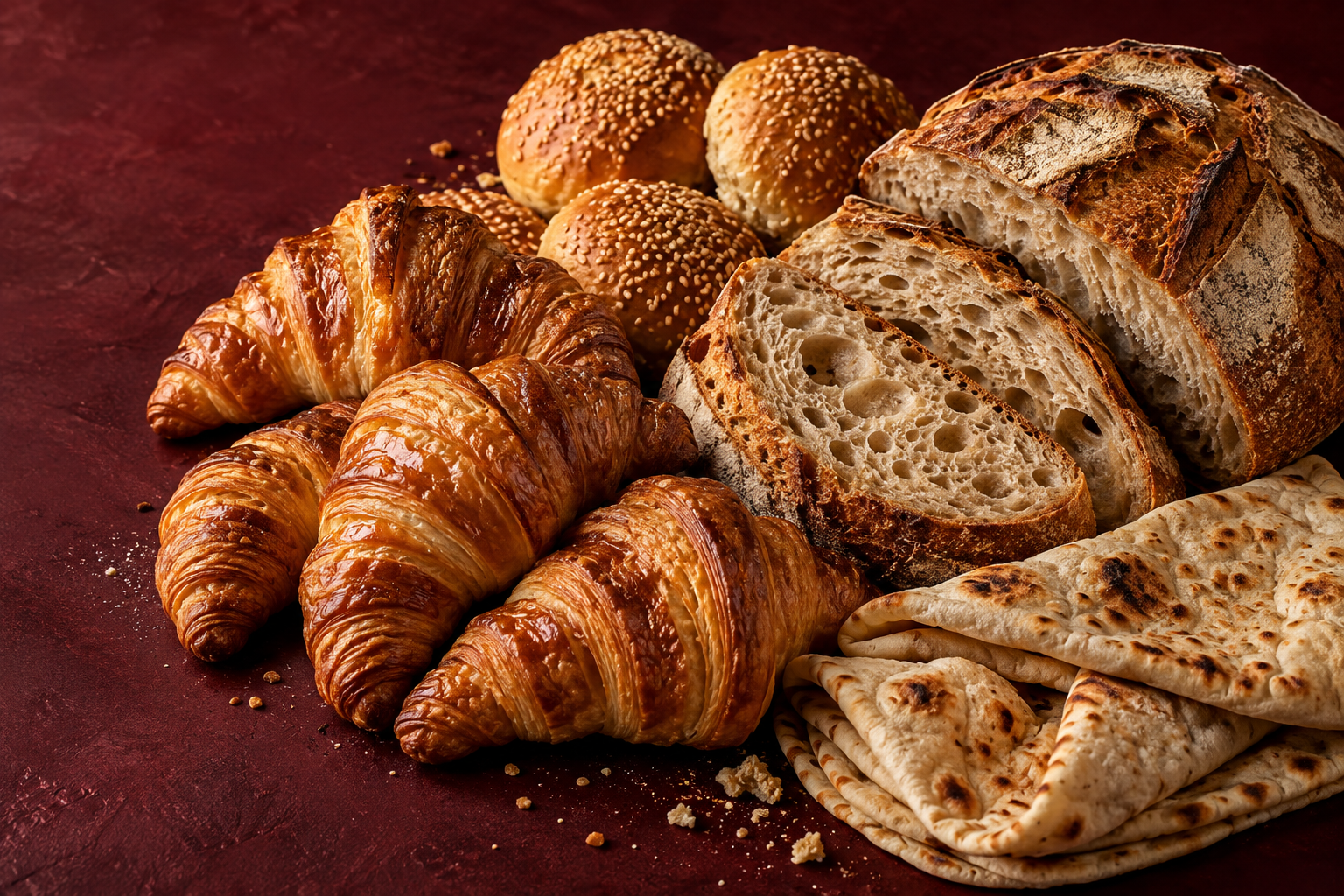 Golden croissants, rustic breads and sesame rolls beautifully arranged on a burgundy surface